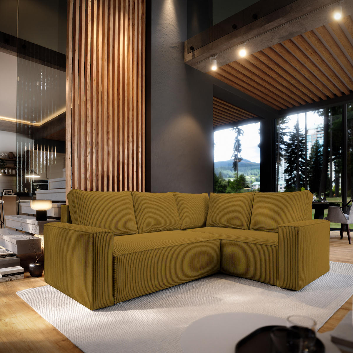 ECKSOFA ESTANO R-S Gelb Kordstoff mit Schlaffunktion - Gelb, Holz (230/158cm) - MASSENO
