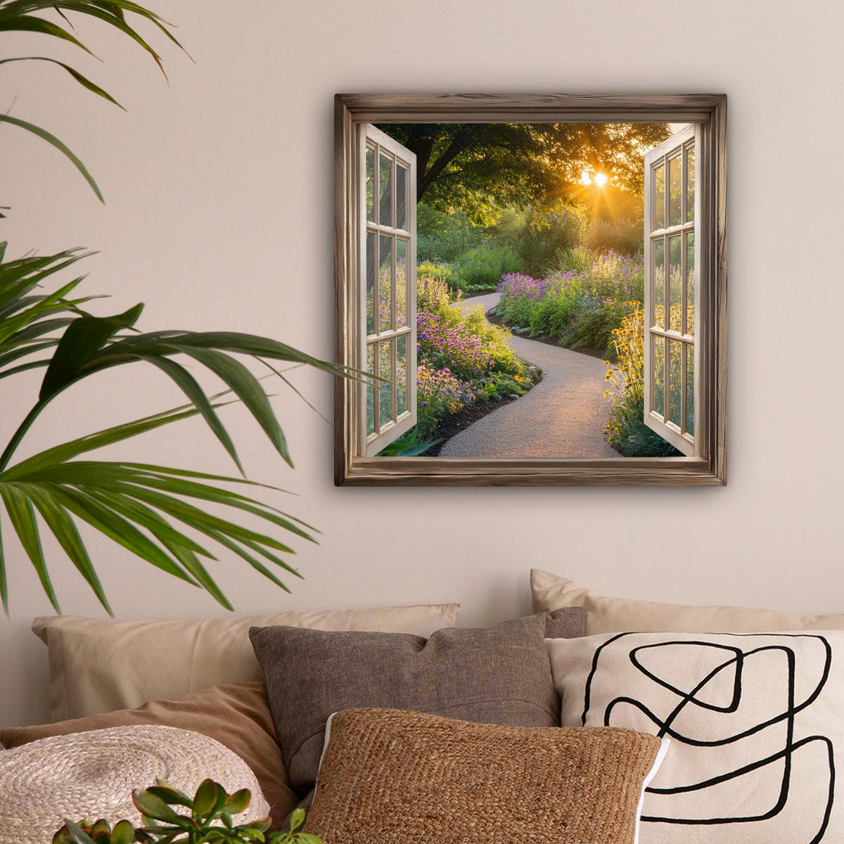 LEINWANDBILD Aussicht - Blumen - Natur - Sonne - Weg 50x50 cm - Hellgelb, Textil (50/50cm) - MuchoWow