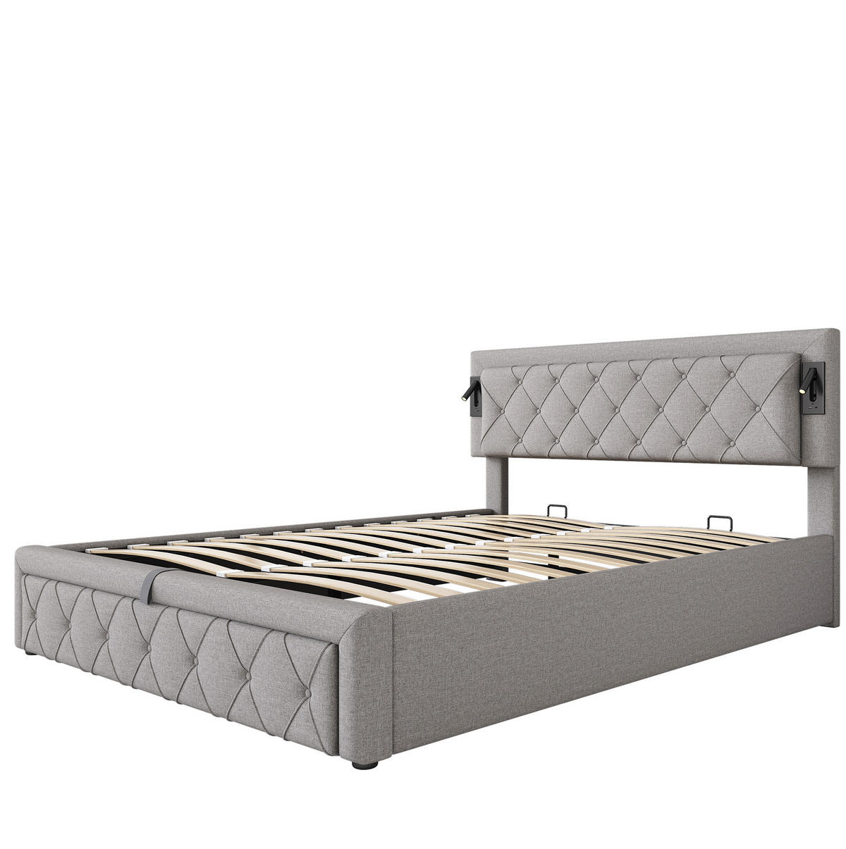 POLSTERBETT 160/200 cm Grau mit Downlight und USB-Schnittstellen - Grau, Textil (160/200cm) - OKWISH