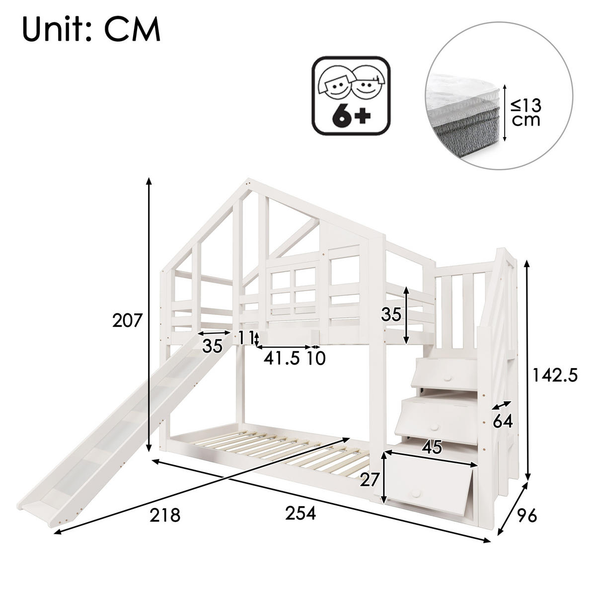 ETAGENBETT 90/200 cm in Weiß mit Rutsche und Stauraum im Baumhaus-Design - Weiß, Holzwerkstoff (90/200cm) - OKMYHOME