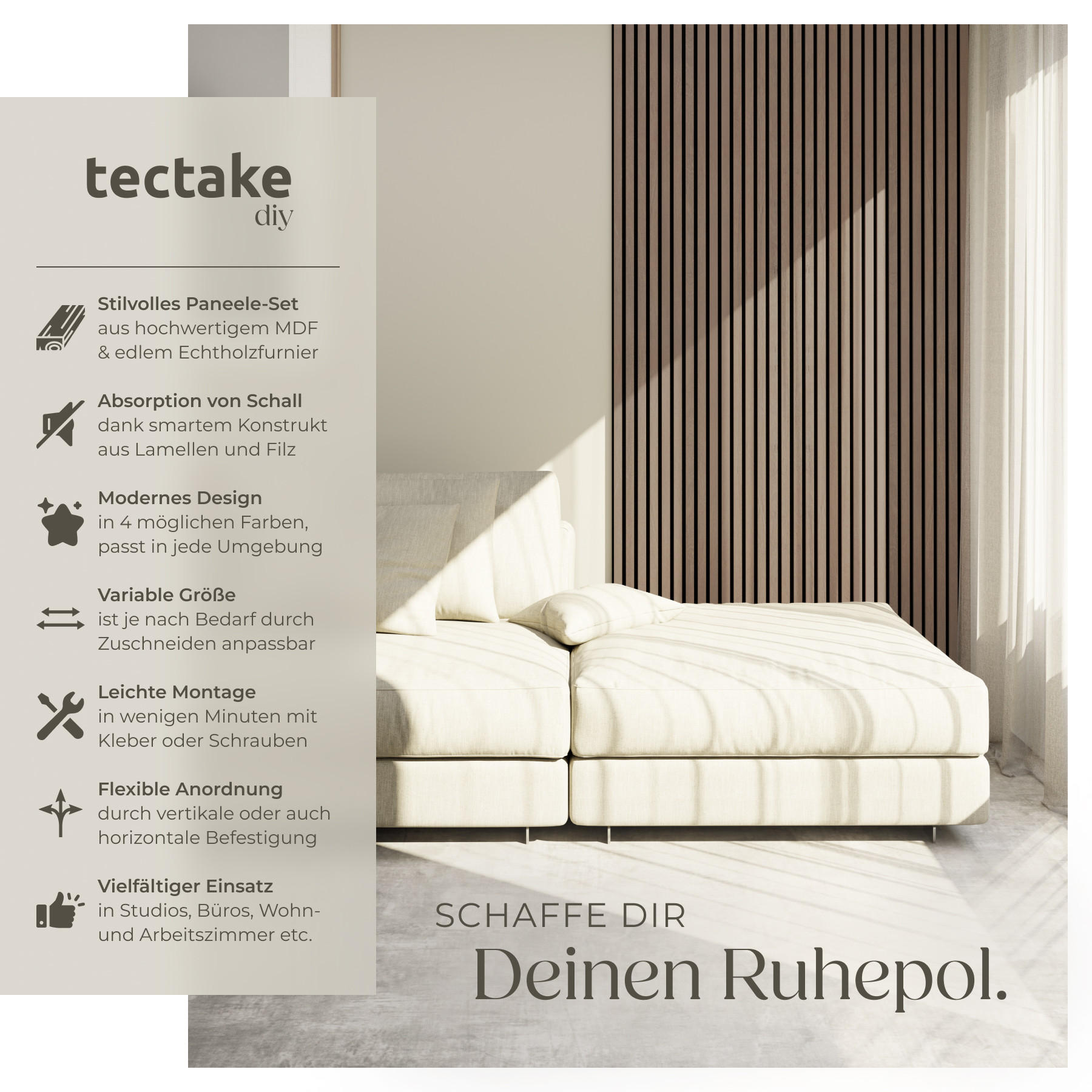 AKUSTIKPANEELE 4er Set Sonic Wall,je 60 x 120 x 2,1 cm, Größe flexibel anpassbar,Eiche dunkel - Wildeiche, Holz (60/120/120cm) - tectake