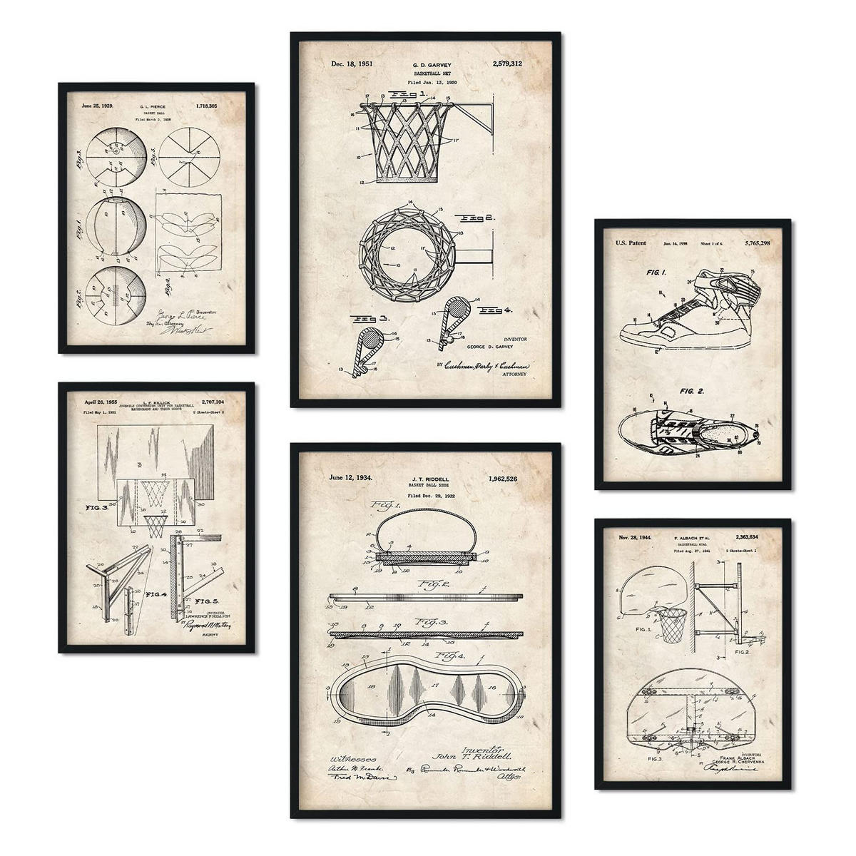 POSTER Set Mit 6 Plakaten Mit Basketball Patenten Im Vintage Stil A3 & A4 Rahmenlos - Klar, Papier (29/3cm) - Nacnic