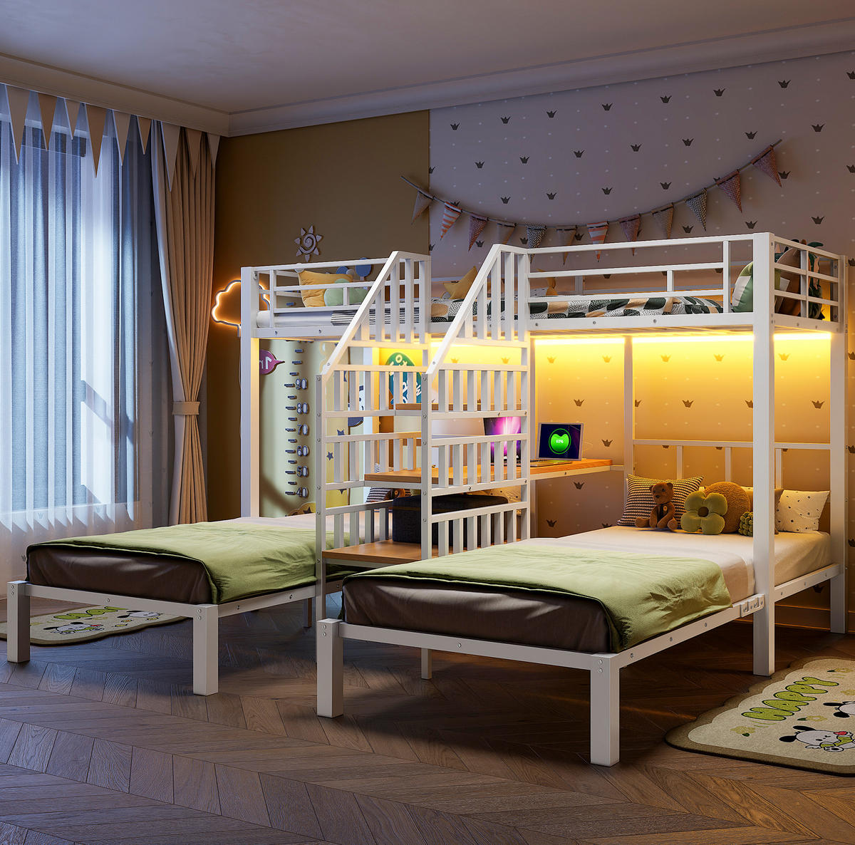 ETAGENBETT aus Metall und MDF 90x200 cm Weiß mit LED, USB-Anschlüssen, Steckdose, Schreibtisch und Stauraumstufen - Weiß, Metall (90/200cm) - Modfu