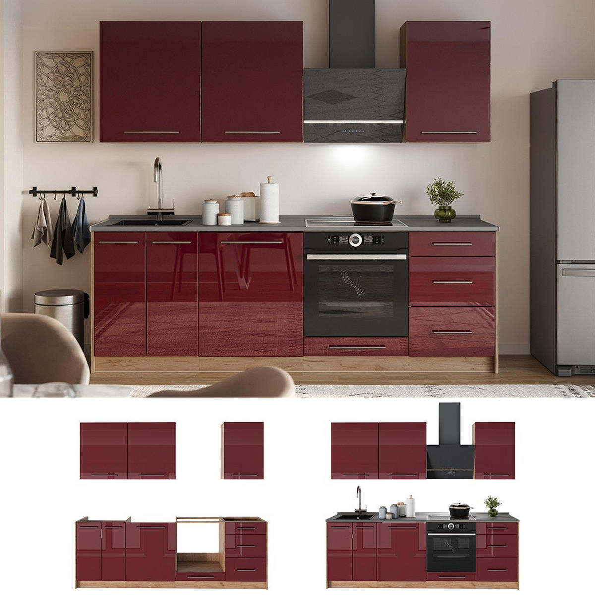 CHICINETĂ Fame-Line, Bordeaux lucios ridicat/Stejar auriu, 230 cm, AP Marmură - stejar miere/bordo, compozit lemnos (230/206.8/60cm) - Vicco
