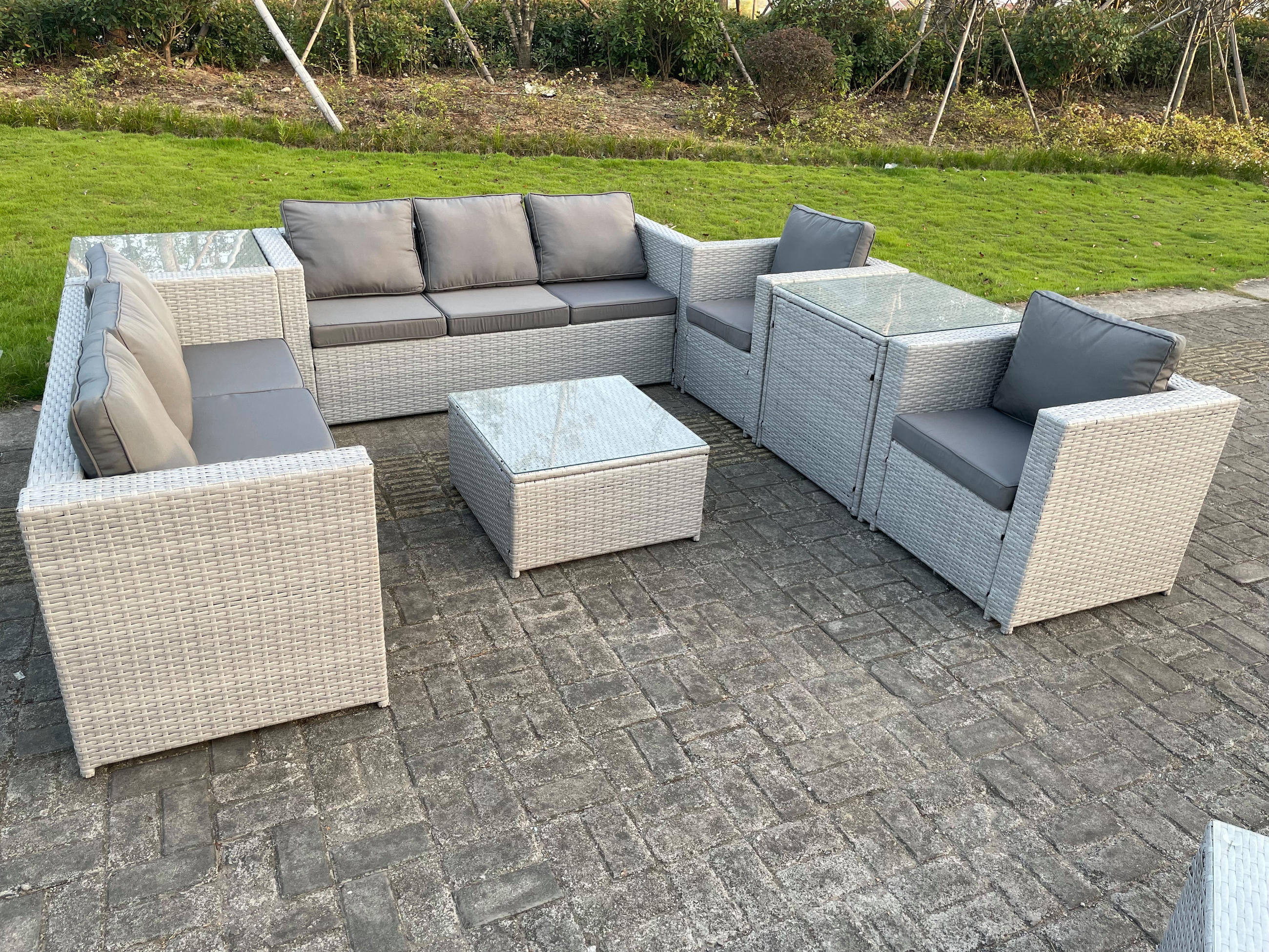 GARTENSOFA SET mit Couchtisch Polyrattan Helles Grau 8-Sitzer - Hellgrau, Metall - Fimous