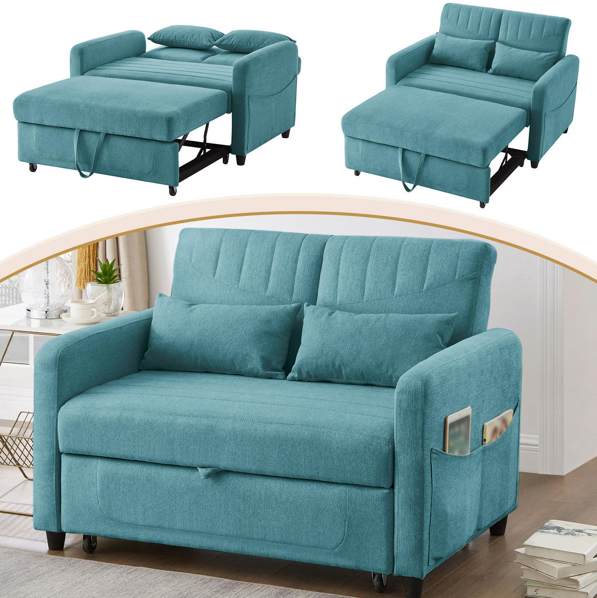 SCHLAFSOFA aus Baumwoll-Leinen-Stoff 166x95 cm Antik Blaugrün mit Ausziehfunktion, 3-fach verstellbarer Rückenlehne und 2 Kissen - Petrol, Kunststoff (114/82.5/77cm) - Modfu