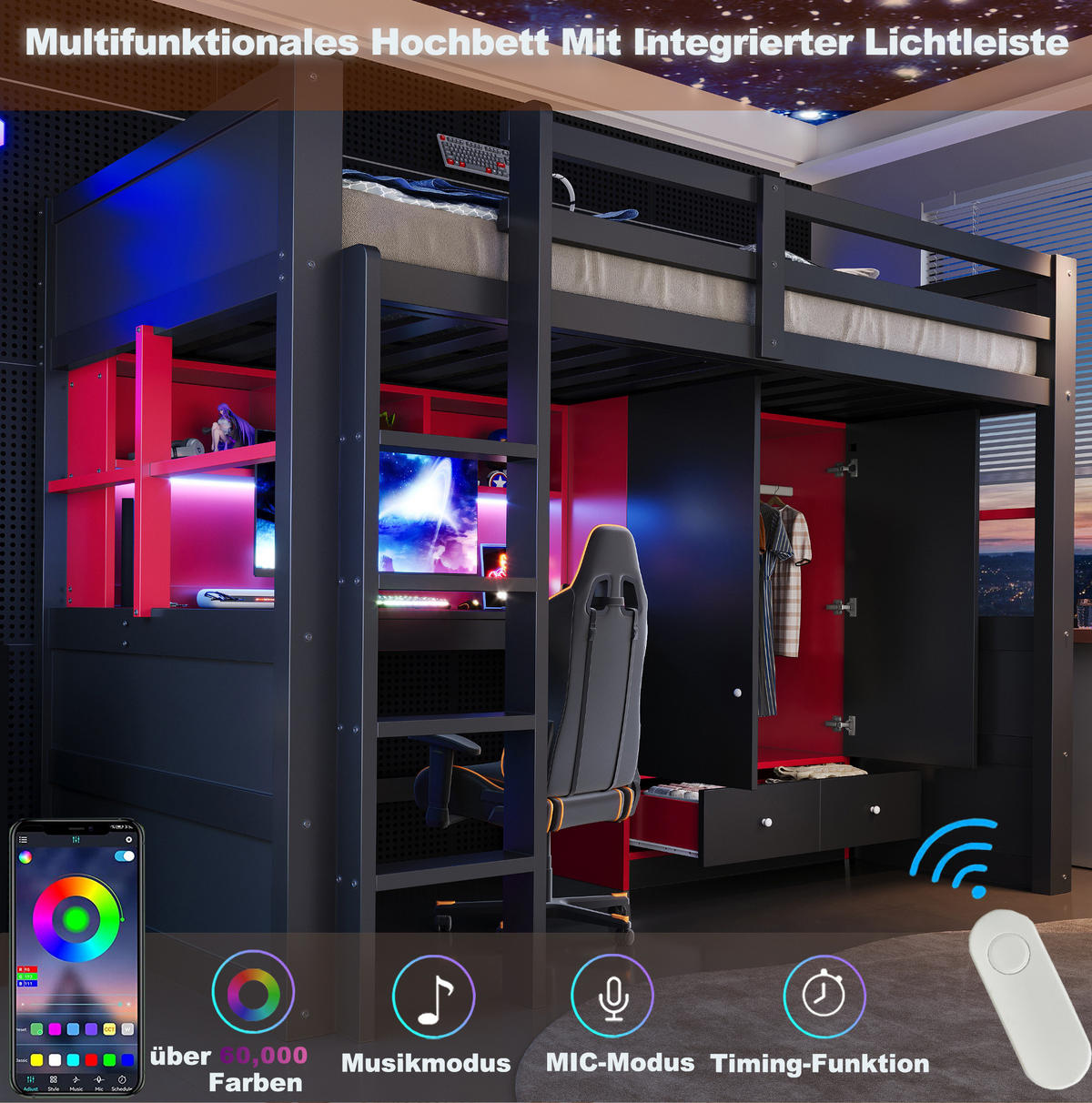 HOCHBETT 90/200 cm aus Holz mit LED-Beleuchtung Steckdosen Schreibtisch und Kleiderschrank Schwarz/Rot - Schwarz, Holz (90/200cm) - Modenvie