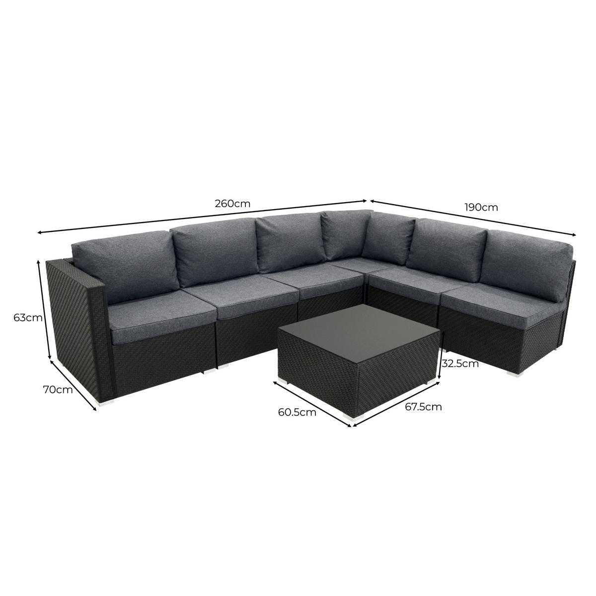 LOUNGEGARNITUR MODULAR Rattan 7-teiliges Schwarz - Schwarz, Kunststoff - Jardi