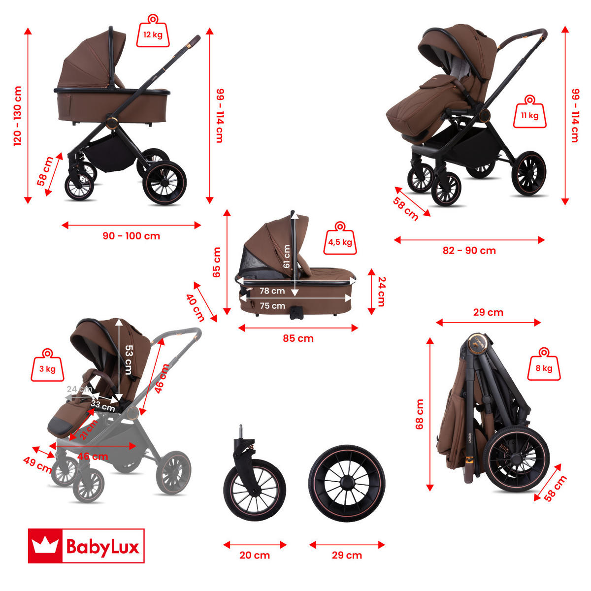 KINDERWAGEN Castor 4in1 Brownie Babywanne, Reisebuggy, Autositz, Isofix Basis - Schwarz/Braun, Textil/Metall (58/98cm) - BabyLux