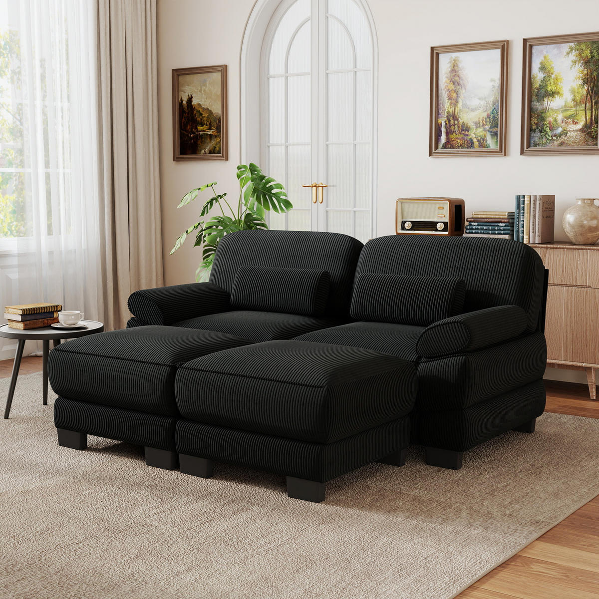 2-SITZER-SOFA modular mit 2 Hockern, DE-42659, Schwarz - Schwarz, Holz (194/94/161cm) - ComfortXL