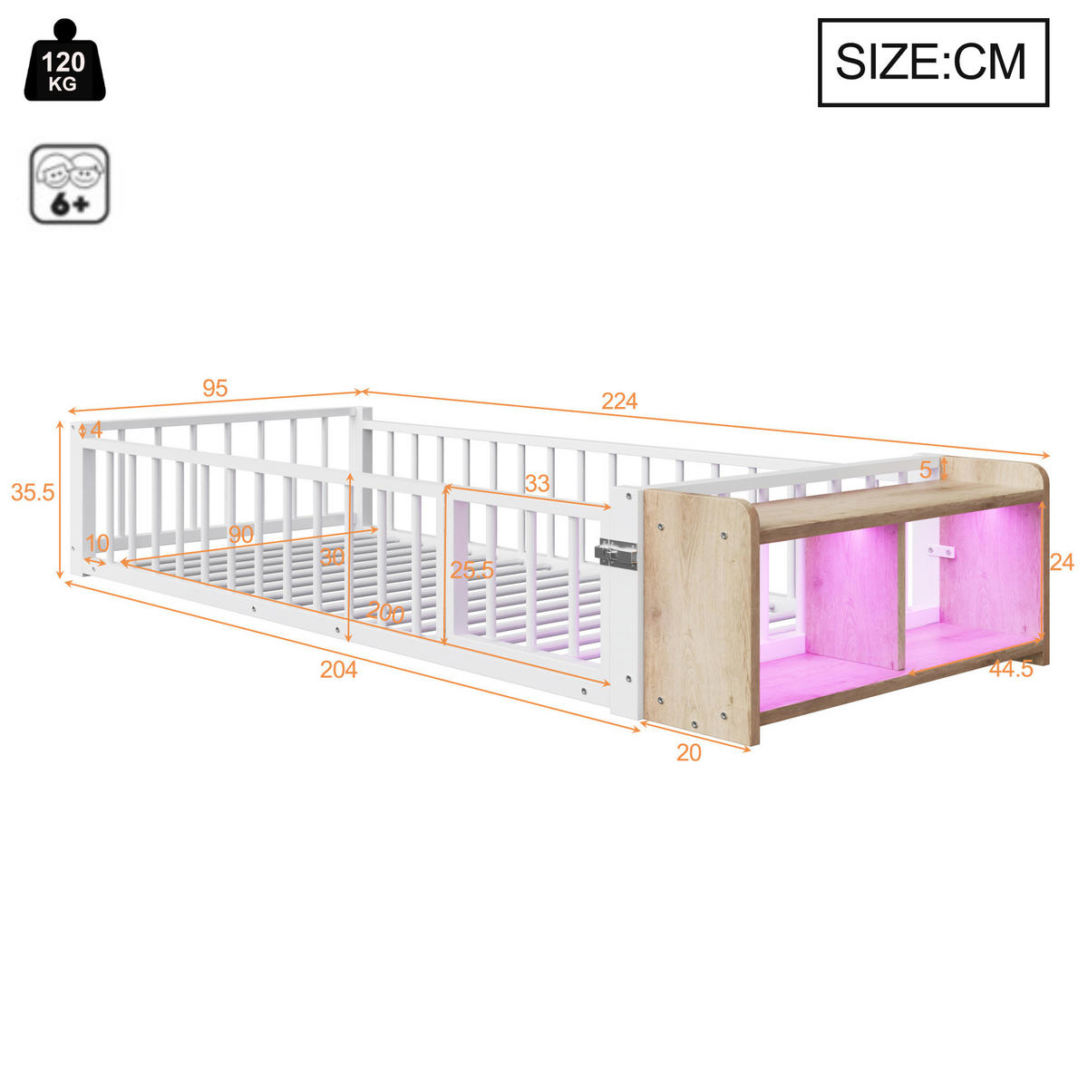 KINDERBETT aus Metall und MDF 90x200 cm Weiß mit Schutzgeländer, offenem Staufach und LED-Beleuchtung - Weiß, Holzwerkstoff (90/200cm) - Modfu