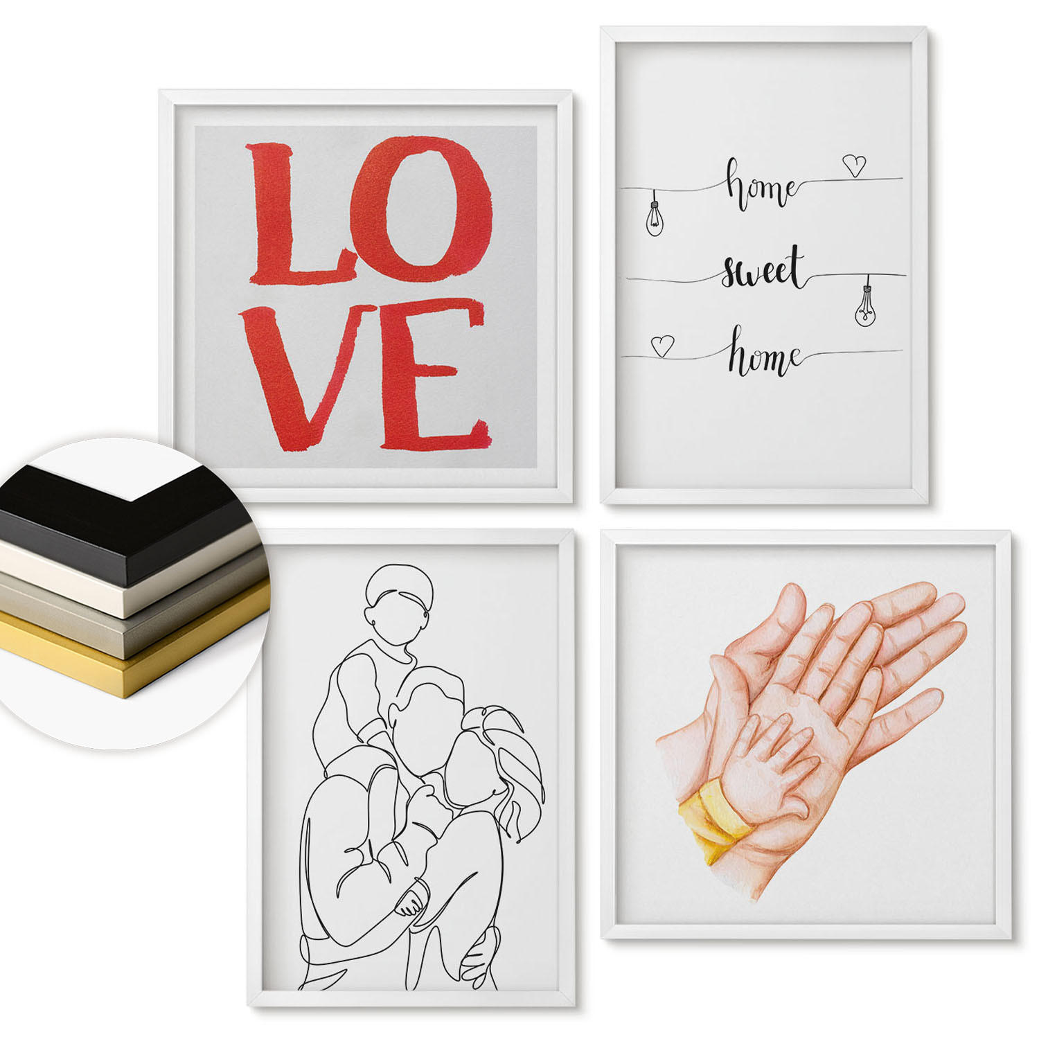 WANDBILDER 4er-Set - 50x50 cm & 40x60 cm Weißer Rahmen - Familienillustrationen Hausschilder - Weiß, Kunststoff (50/50cm) - ArtPrintCave