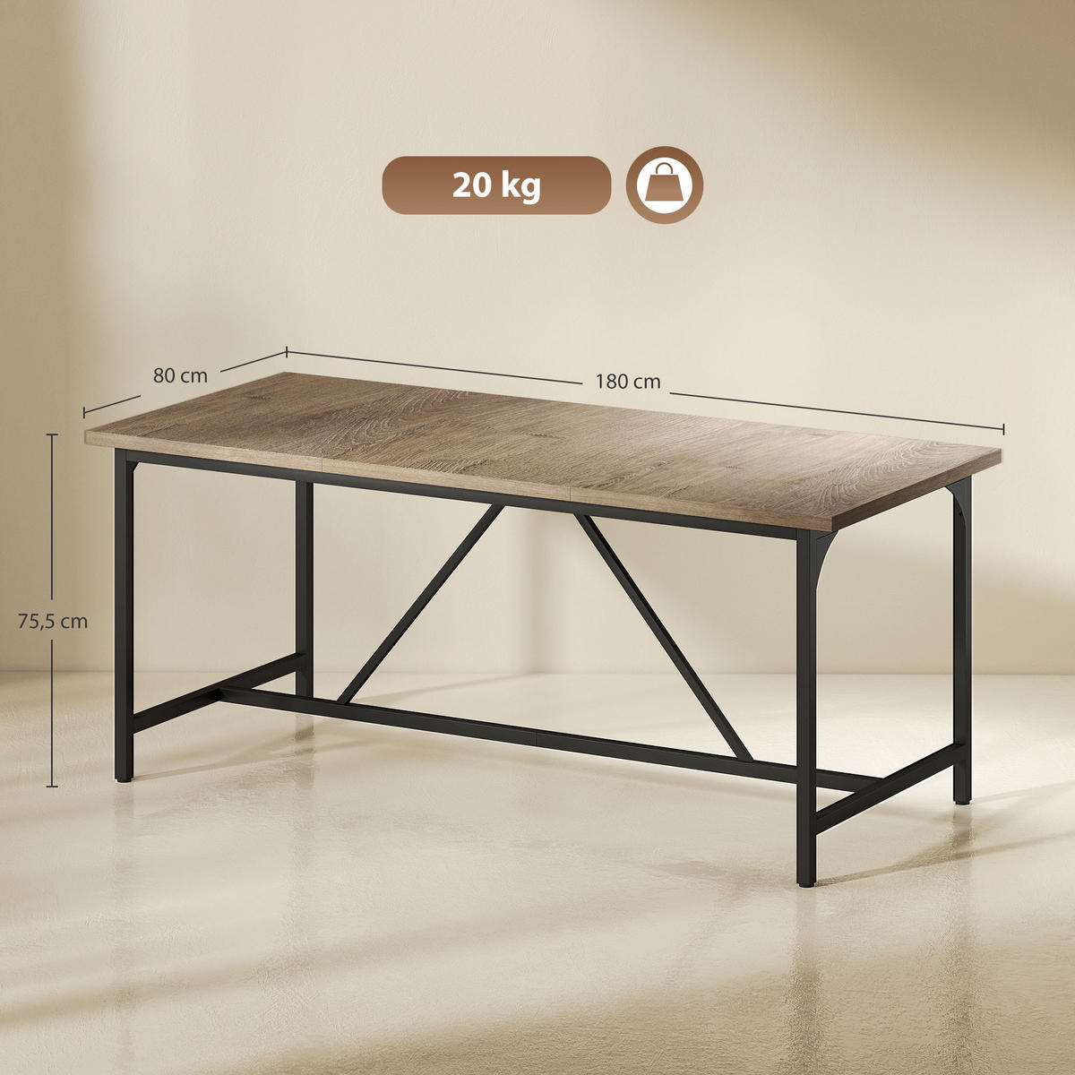 JÍDELNÍ STŮL z dřevotřískové desky 180/80/76 cm přírodní dřevo - přírodní/černá, kompozitní dřevo (180/80/75.5cm) - HOMCOM