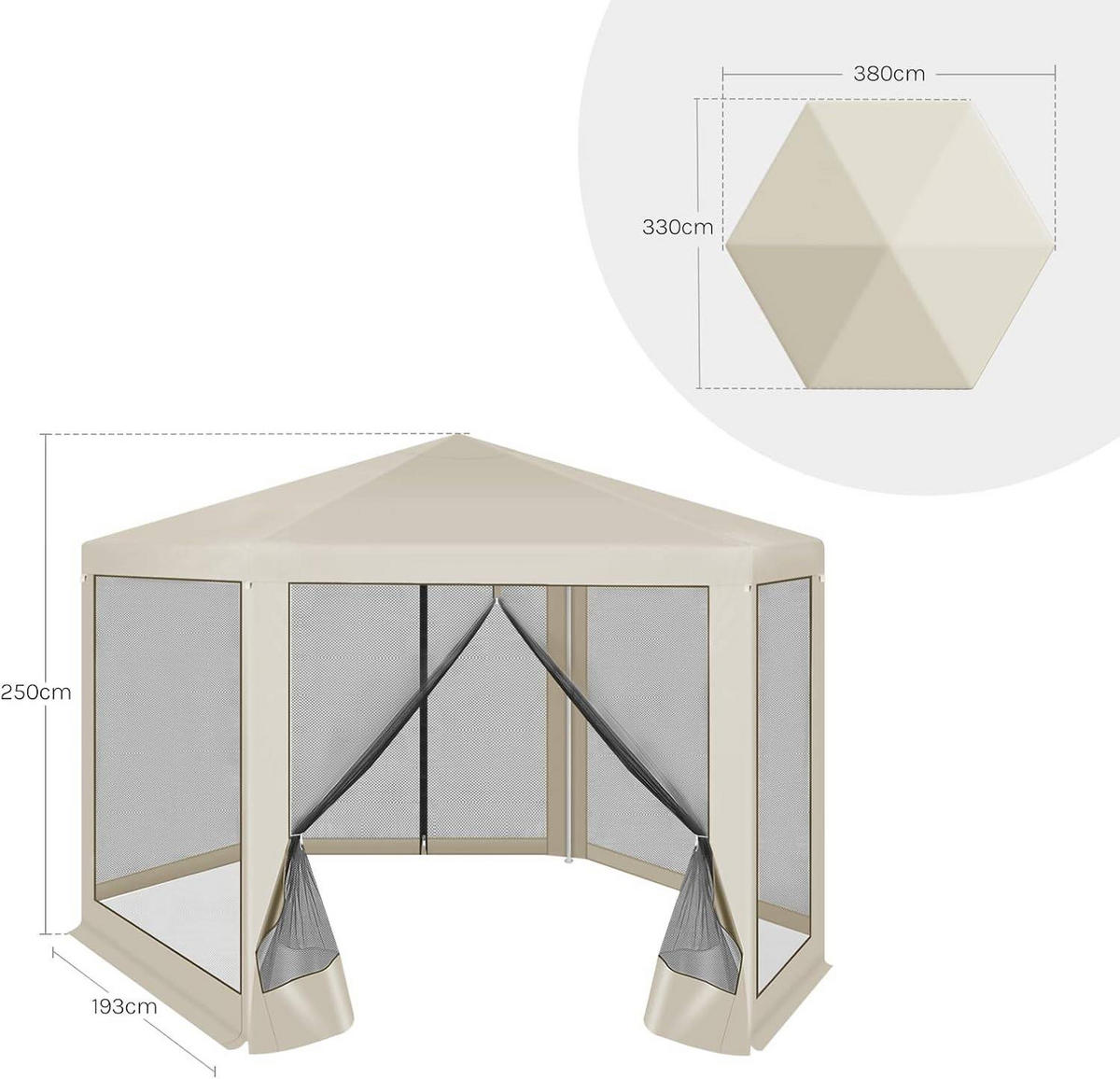 PAVILLON 3,8x3,3 m seckeckig, Gartenpavillon mit Seitenwänden Moskitonetz - Beige, Metall (380/250/330cm) - Woltu