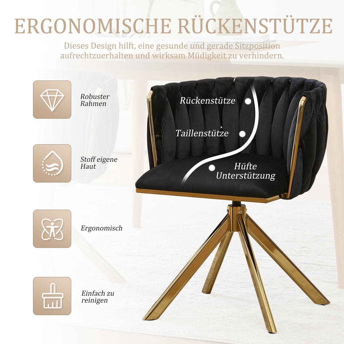 ARMLEHNSTUHL(SET à 2 Stück) mit Metallgestell - ergonomische Rückenlehne und 180° Schwenkfunktion - Schwarz - Schwarz, Textil/Metall (50/70/56cm) - KOMHTOM