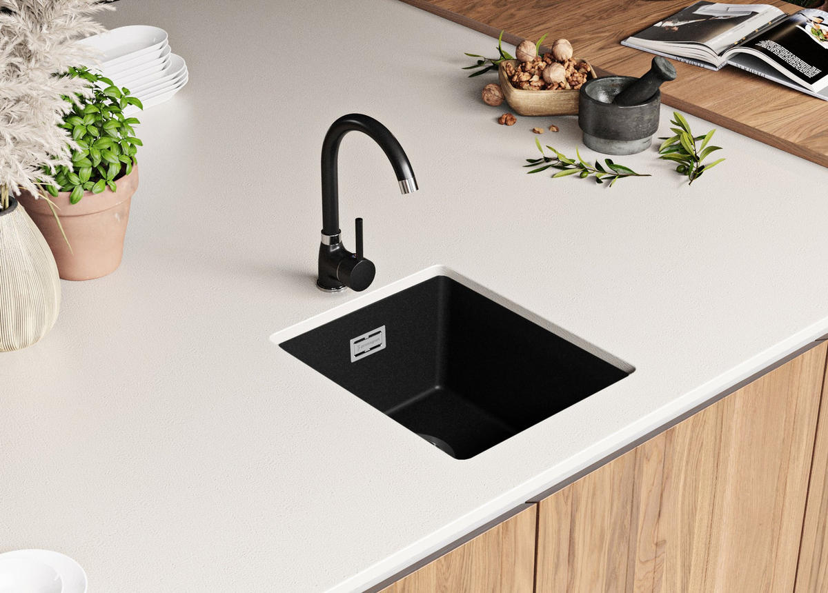 UNTERBAUSPÜLE GRANIT London, 2-er set Schwarz 36/47 cm 1 Becken + Ablauf-Set ab 40er Unterschrank - Chromfarben/Schwarz, Kunststoff (36/20/47cm) - Primagran