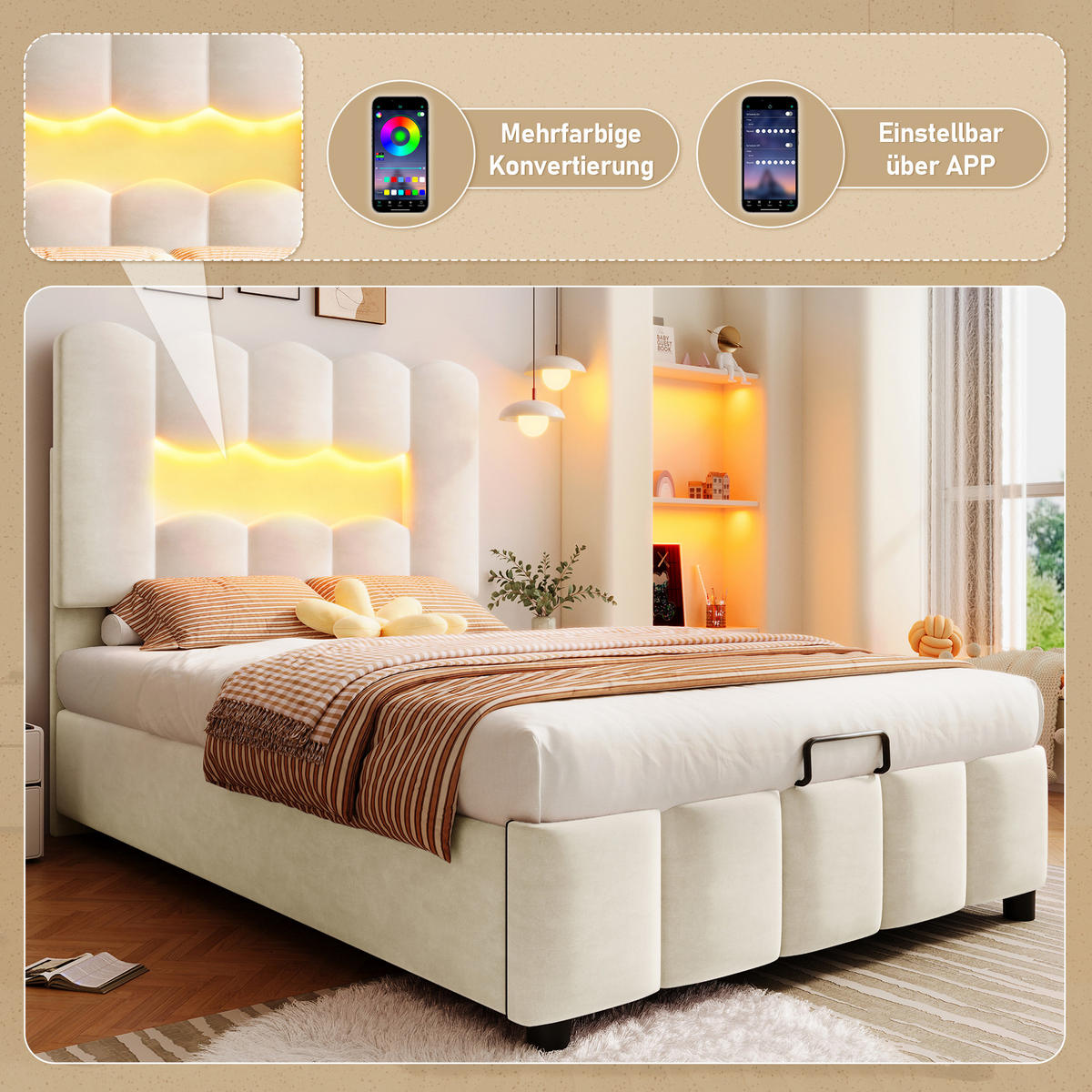 POLSTERBETT 90x200cm Beige Samt LED-Licht Hydraulik Kopfteil - Beige, Holz (90/200cm) - FLIEKS