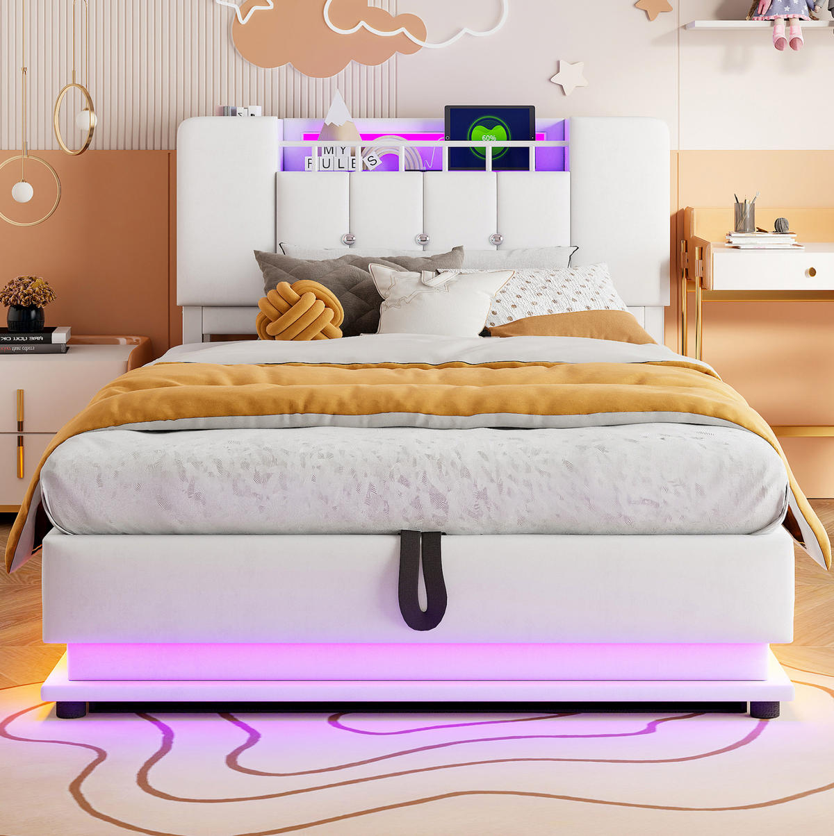 POLSTERBETT mit LED, USB und Stauraum 90x200 cm Beige - Beige, Metall (90/200cm) - Meubliv