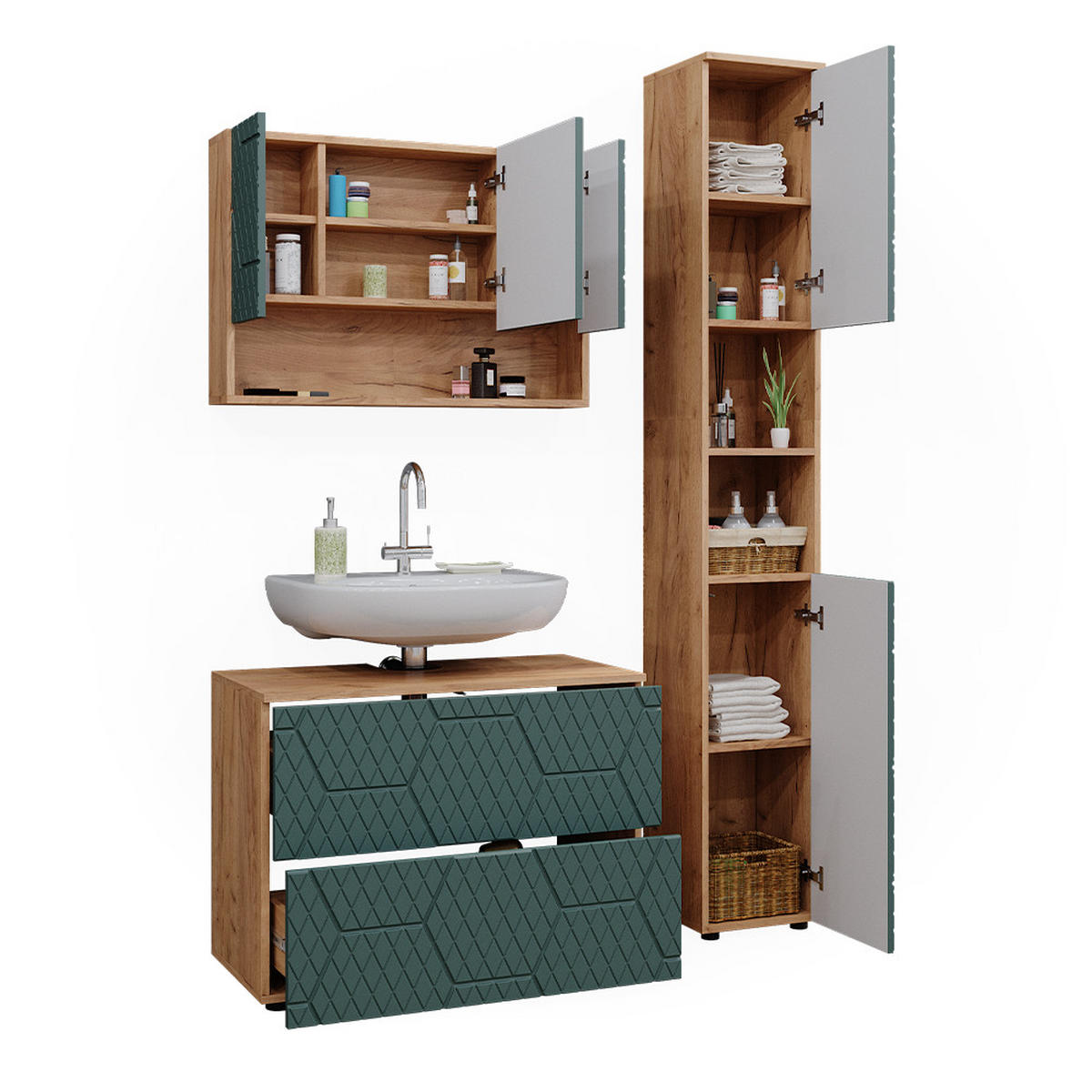 BADMÖBEL-SET Irma Grün 3 Teile, mit Spiegelschrank 80 cm - Eiche Wotan/Grün, Holzwerkstoff (80/58.6/41cm) - Vicco