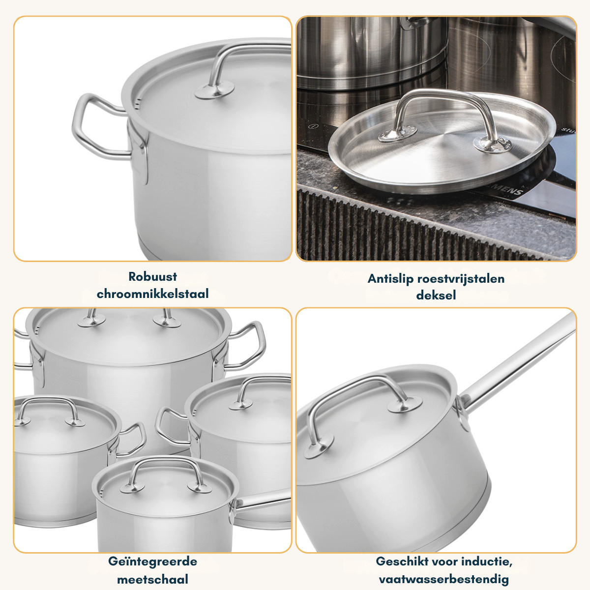TÖPFE UND PFANNENSET Topfset Profiline Deluxe - Edelstahl - Kochtöpfe ø 16, 18, 20, 24 cm & Stielkasserolle ø 16 cm - Induktionsgeeignet - 5-teilig - Silberfarben, Metall - Sola