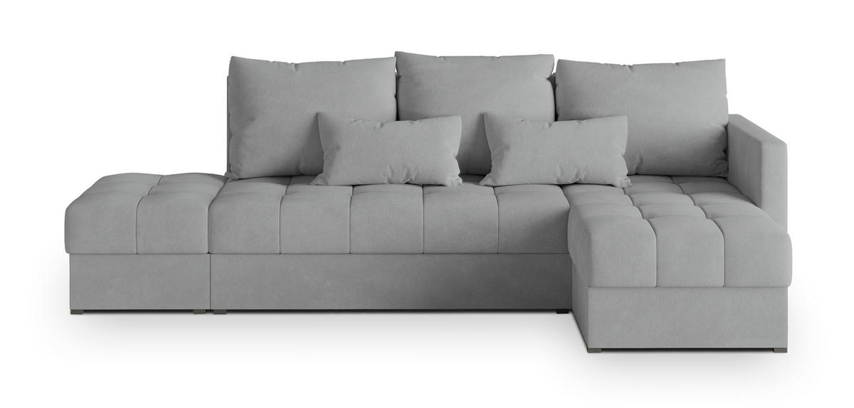 ECKSOFA LUMARI R-S Hellgrau Plüsch-Stoff mit Schlaffunktion - Hellgrau, Holz (262/143cm) - MASSENO