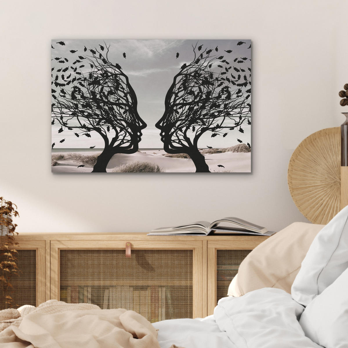 AKUSTIKBILD Strand - Meer - Menschen - Baum - Moderne Kunst Wanddeko 70x50 cm - Hellgrau, Kunststoff (70/50/0.9cm) - MuchoWow