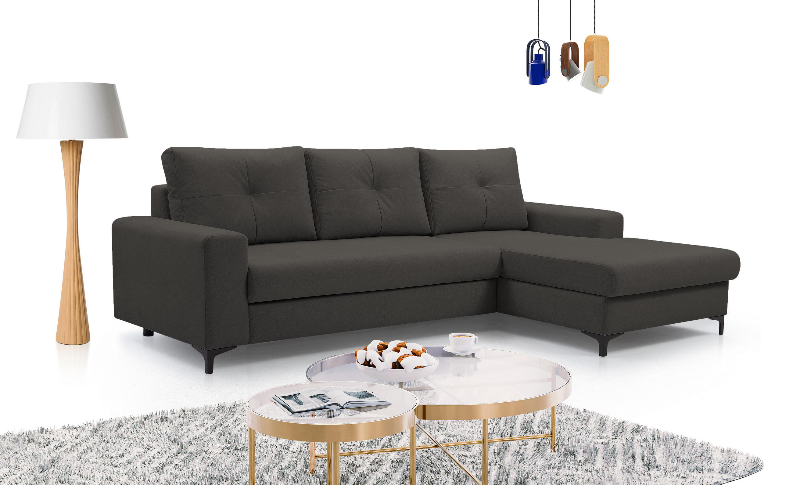 ECKSOFA AVRA L-förmig, mit Stauraumbehälter-in RINO-Stoff, Komfort & Eleganz, lose Rückenkissen, freistehend, RECHTS 251x165x85 cm Graphite - Graphitfarben, Holz/Textil (251/165cm) - DomoHome