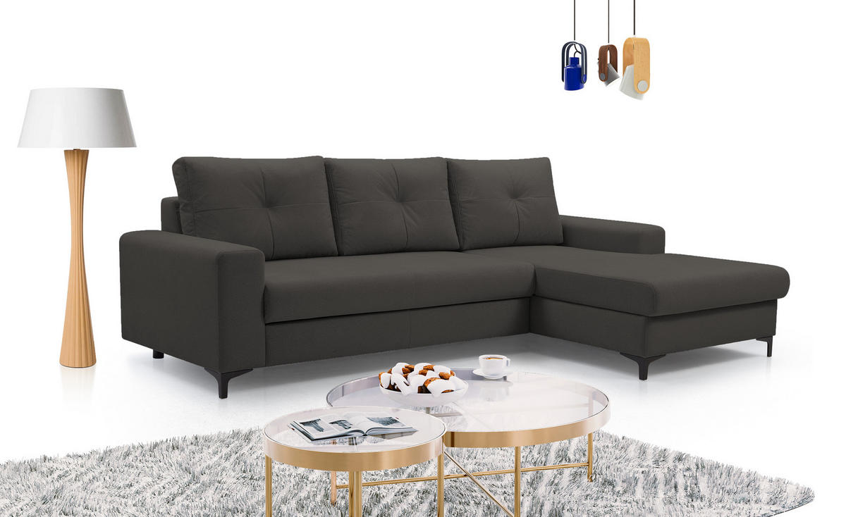 ECKSOFA AVRA L-förmig, mit Stauraumbehälter-in RINO-Stoff, Komfort & Eleganz, lose Rückenkissen, freistehend, RECHTS 251x165x85 cm Graphite - Graphitfarben, Holz/Textil (251/165cm) - DomoHome