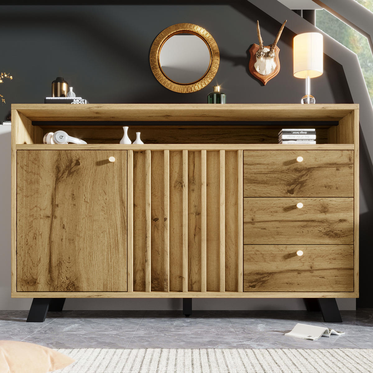 SIDEBOARD Holzoptik Braun, mit 2 Türen, 3 Schubladen und Innenfächern, 120/40/85 cm - Nussbaumfarben, Holzwerkstoff (120/85/40cm) - WISHDOR