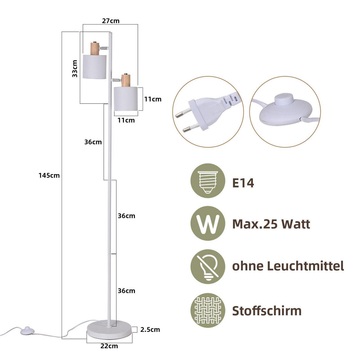 STEHLAMPE Vyxxa 22.0/145.0/27.0 cm - Weiß, Metall (27/22/145cm) - ZMH