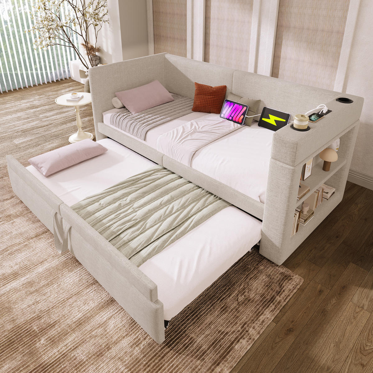 SCHLAFSOFA mit Ausziehbett 90x200 cm Beige mit USB und Getränkehaltern - Beige, Holz (90/200cm) - Meubliv