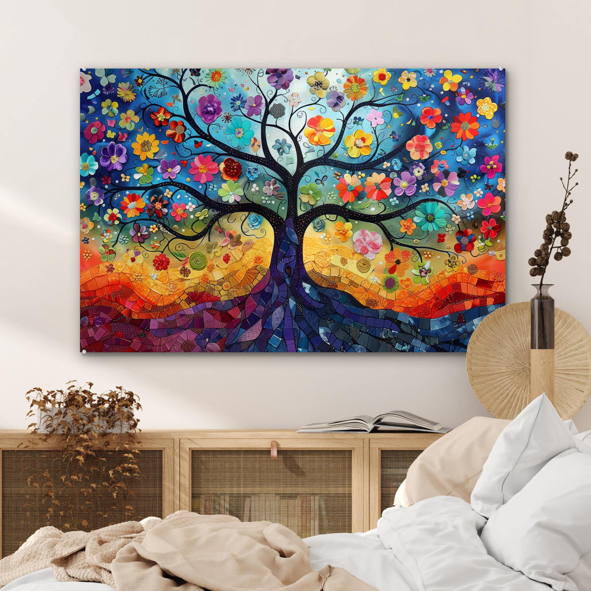 ACRYLGLASBILD Kunst - Baum des Lebens - Blumen - Hippie 90x60 cm - Dunkelblau, Glas (90/60cm) - MuchoWow