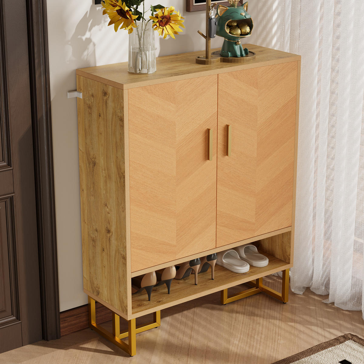 SCHUHSCHRANK 2 Türen Holzoptik Goldrahmen - Naturfarben, Holz (80/100/38cm) - LEBENLANG