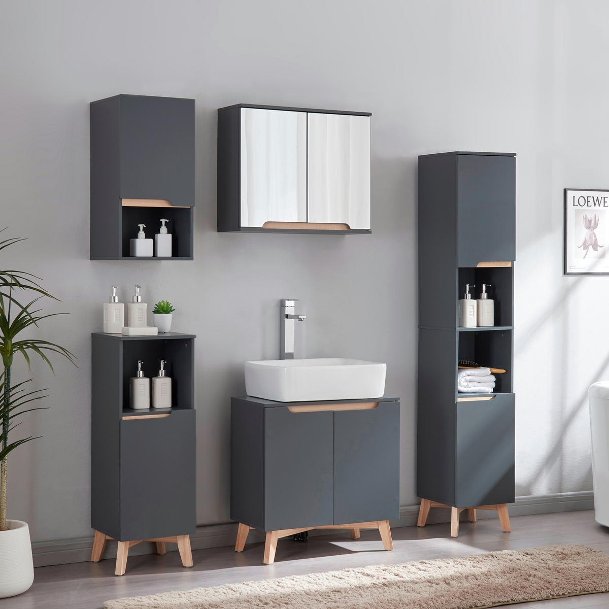 BADEZIMMERSCHRANK Overath - Dunkelgrau/Naturfarben, Holz/Holzwerkstoff (30/86/30cm) - [en.casa]