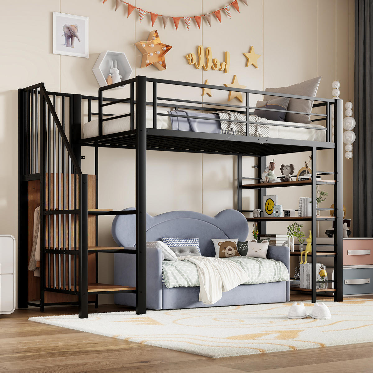 VYSOKÁ postel 90/200 cm černá/bílá se schody a úložným prostorem z kovu a MDF - černá, kov (90/200cm) - OKWISH