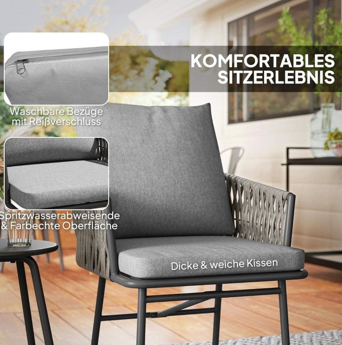 GARTENMÖBEL 3-teilig,40×40×49cm,Rattan abnehmbar Kissen und Tisch - Grau, Metall - Modfu