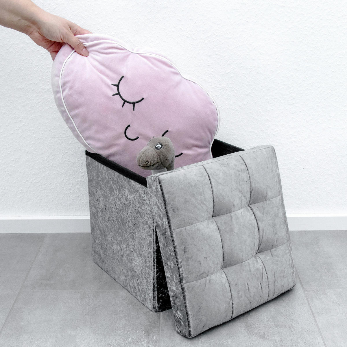 SITZBOX Faltbar mit Samtbezug 30/30/30 cm (Grau) - Grau, Karton (30/30/30cm) - Intirilife