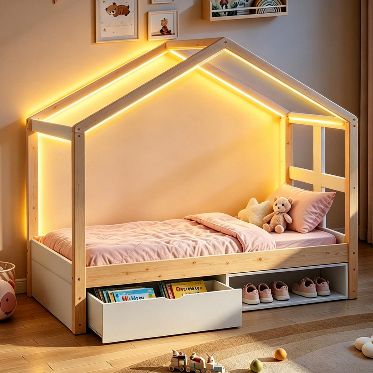 HAUSBETT 90/180 cm Weiß/Holzfarben aus Holz mit LED und Stauraum - Eichefarben, Holzwerkstoff (90/190cm) - OKWISH