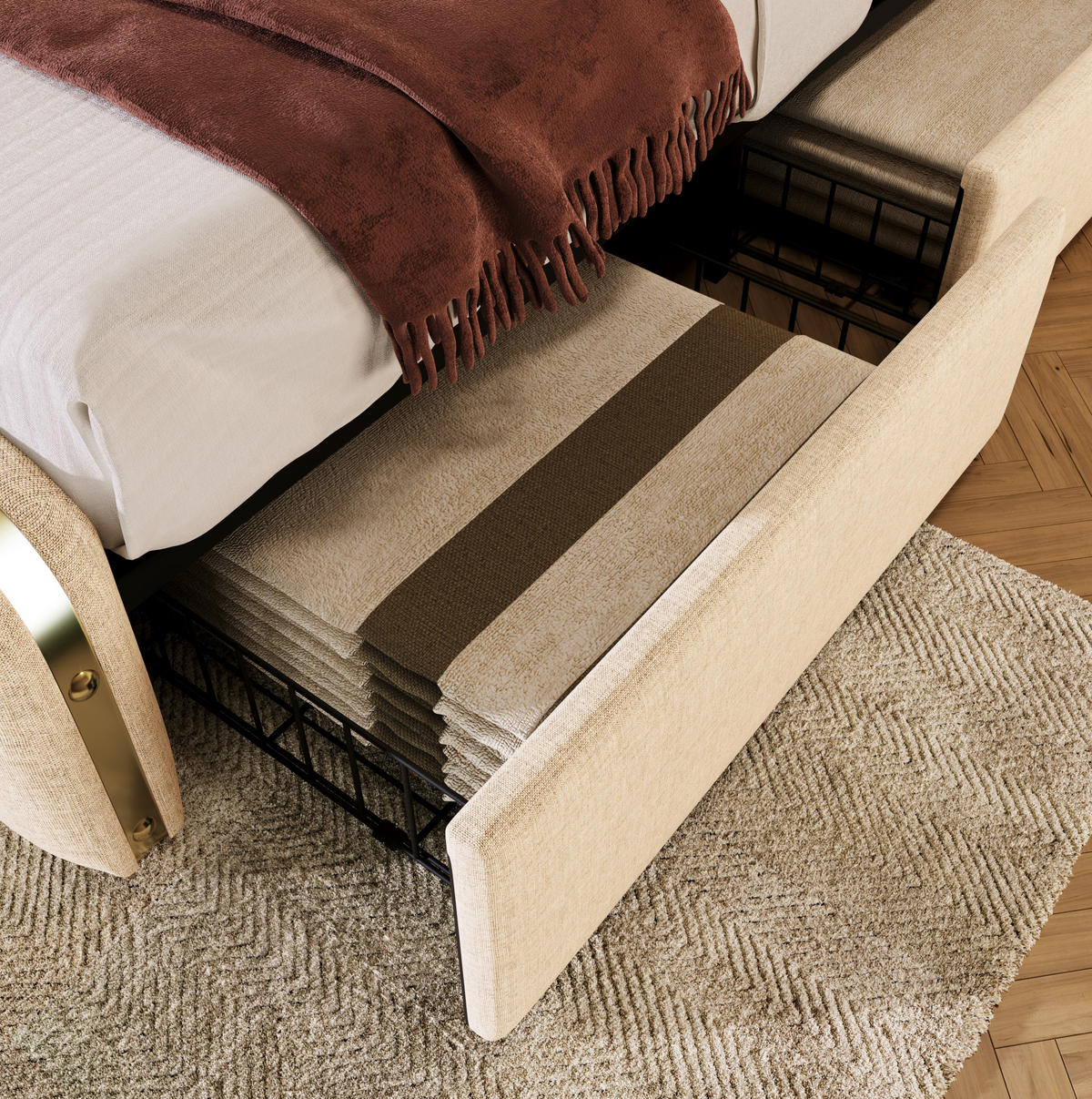 POLSTERBETT 90/200 cm Beige aus Leinen mit USB- und Typ-C-Ladefunktion - Beige, Textil (90/200cm) - OKMYHOME