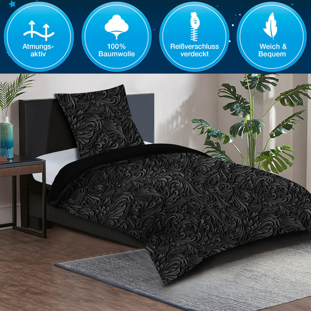 BETTWÄSCHE 2-teilig Floral - Schwarz, Naturmaterialien (135/200cm) - Sanilo