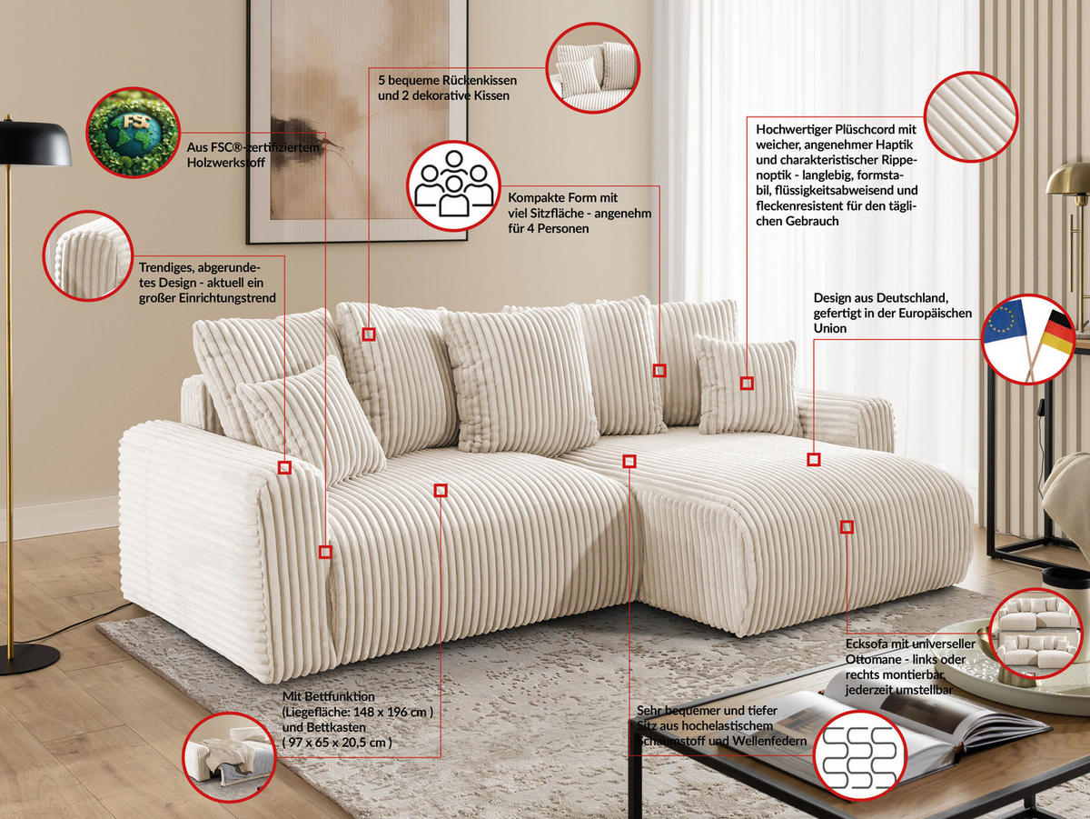 ECKSOFA Calma mit Schlaffunktion und Bettkasten im Bumpy-Design aus weichem Creme Plüschcord - Ottomane rechts - Creme/Schwarz, Holz/Kunststoff (140/239cm) - S-Style