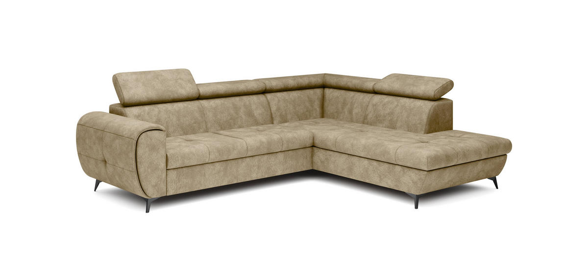 ECKSOFA MAGIA R-S Beige Plüsch-Stoff mit Schlaffunktion - Beige, Holz (260/217cm) - MASSENO