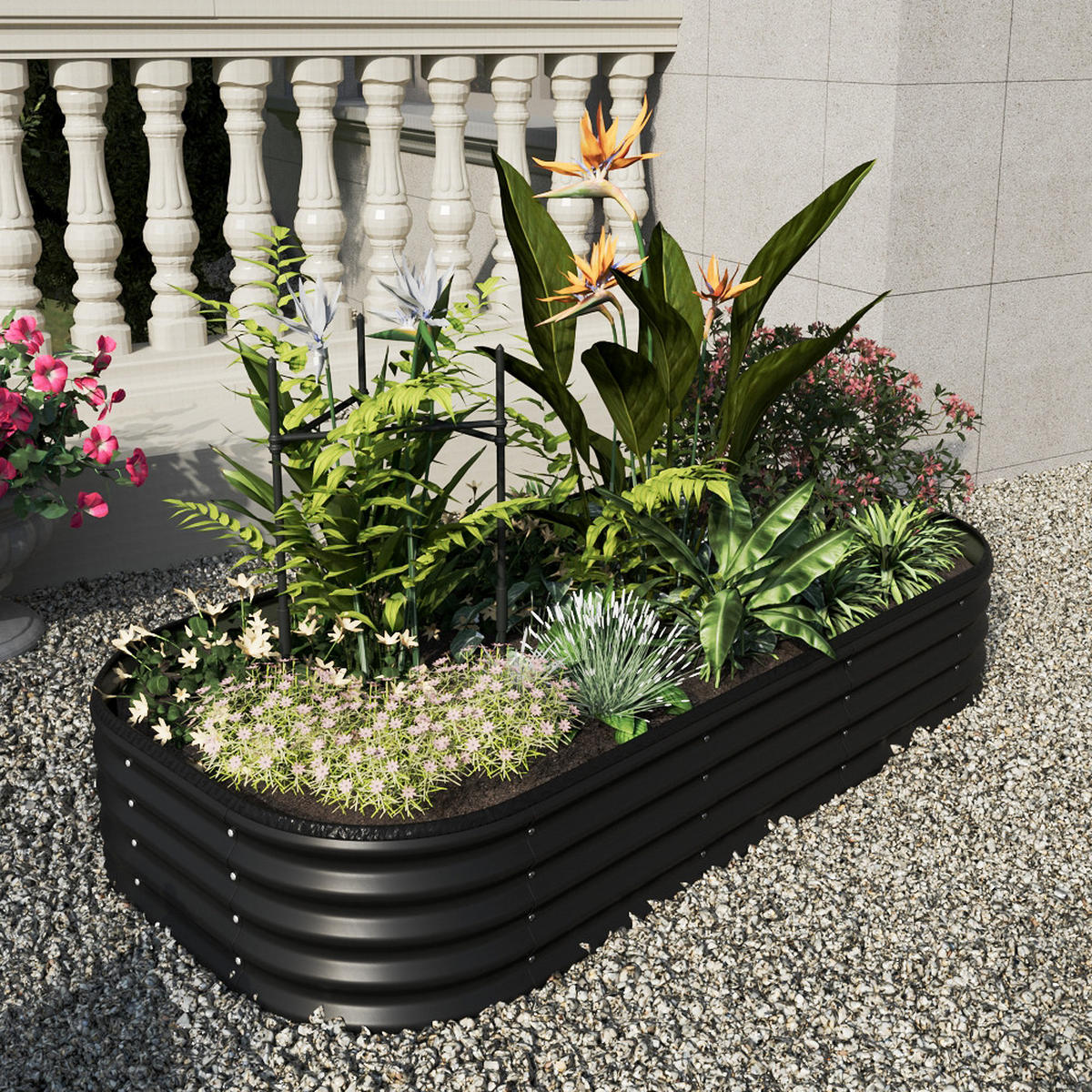 HOCHBEET-PFLANZKASTEN mit Pflanzenstütze aus verzinktem Stahl in Anthrazit Oval Garten Balkon 160 × 80 × 30 cm 6,5 kg - Silberfarben, Metall (80/30/160cm) - Livingandhome