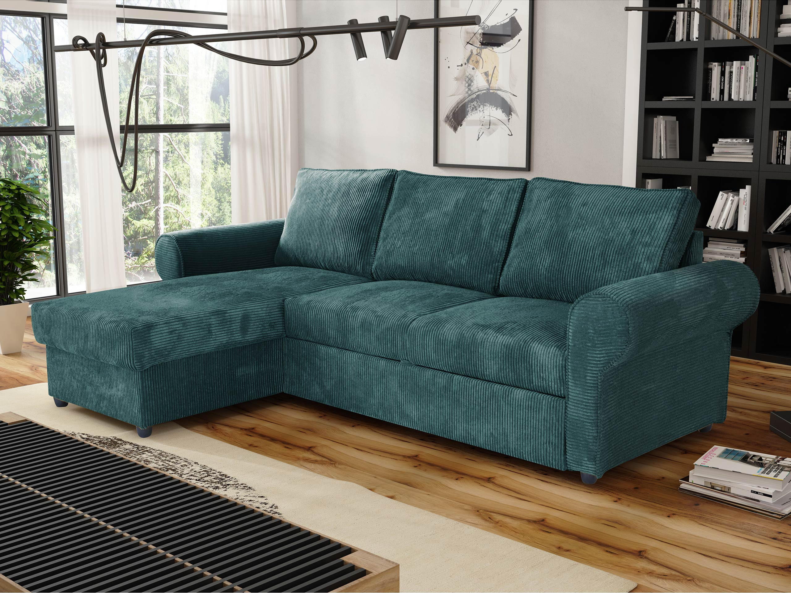 ECKSOFA Monaco Cord - Türkis/Schwarz, Holz/Textil (246/155cm) - MIRJAN24
