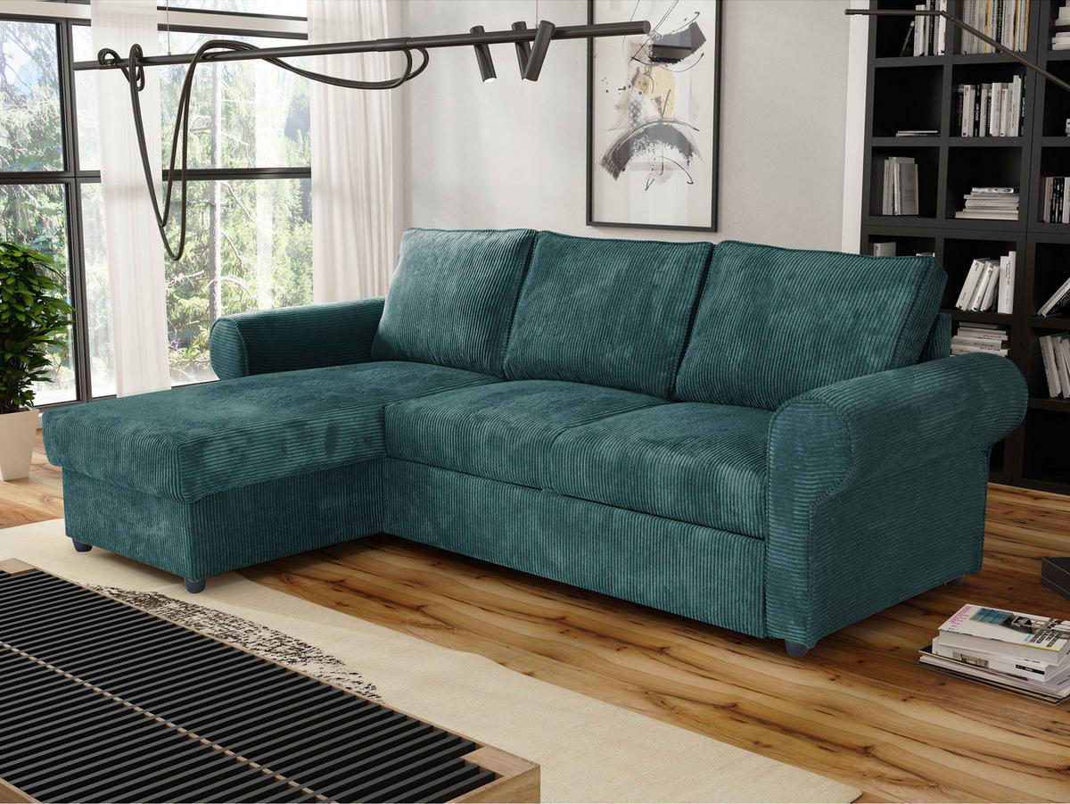 ECKSOFA Monaco Cord - Türkis/Schwarz, Holz/Textil (246/155cm) - MIRJAN24