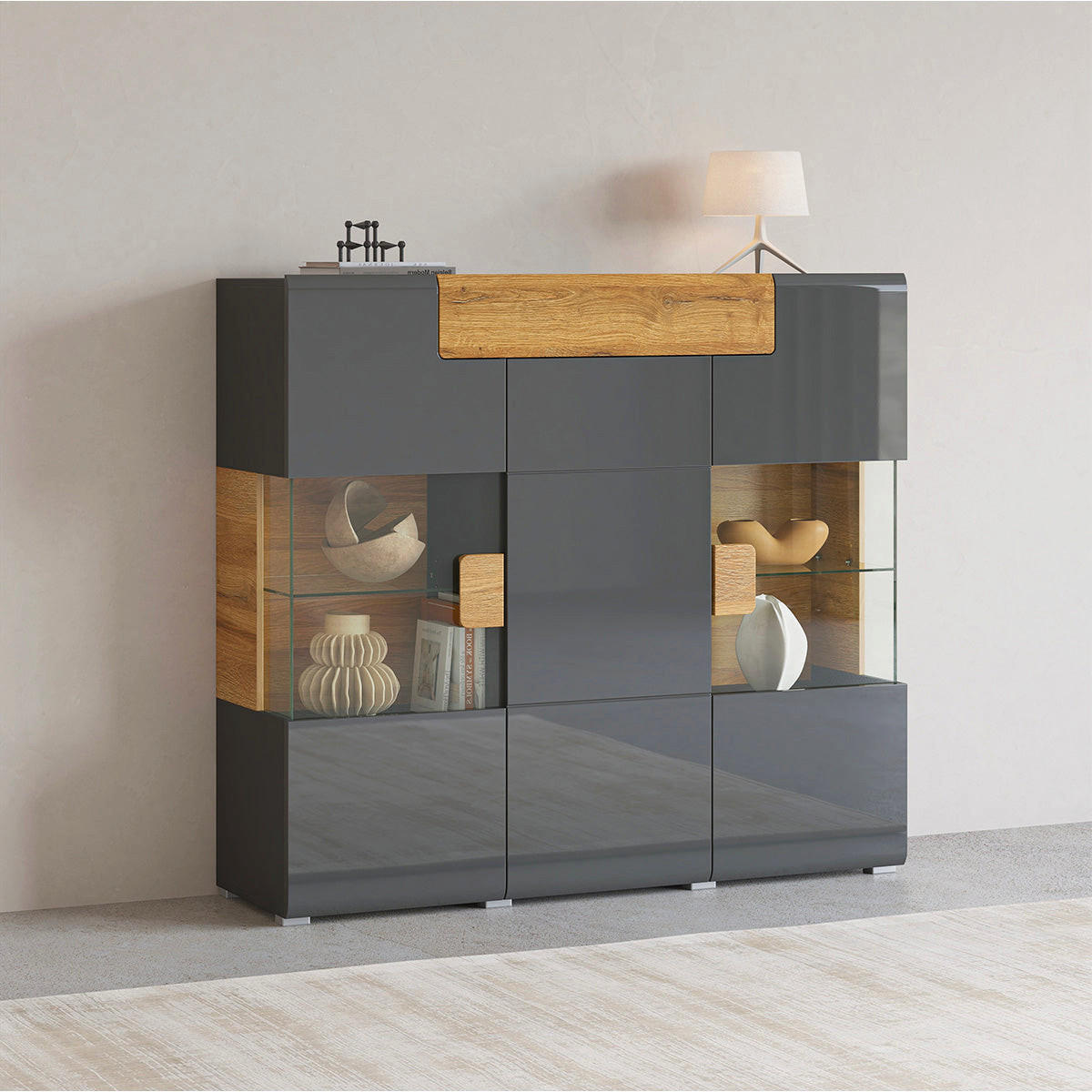 SIDEBOARD Jules Šedá a dřevo - šedá, kompozitní dřevo (147/131/39cm) - Petits-meubles