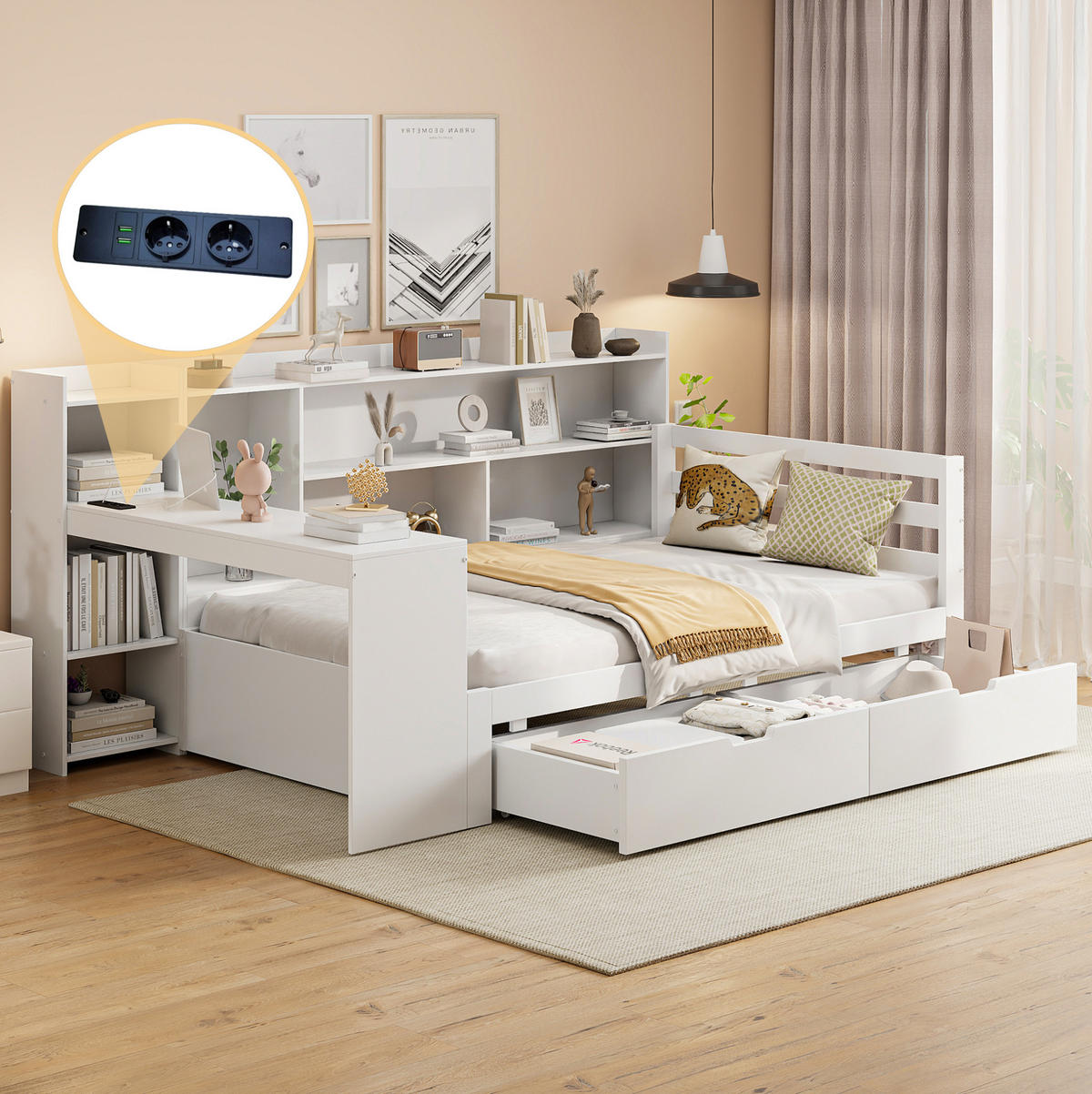 BETT aus Holz 90x200 cm Weiß mit Schreibtisch, Regalen, 2 Schubladen und Steckdose - Weiß, Holzwerkstoff (90/200cm) - Modfu