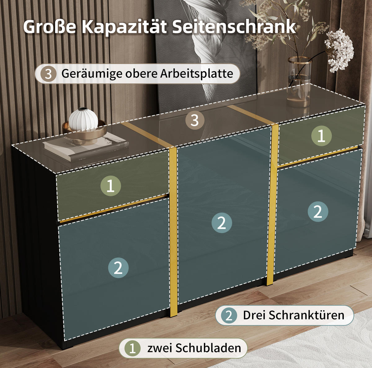 SIDEBOARD 160/40/78 cm in Schwarz Hochglanz mit 3 Türen & 2 Schubladen - Schwarz, Holzwerkstoff (160/78/40cm) - BEAOK