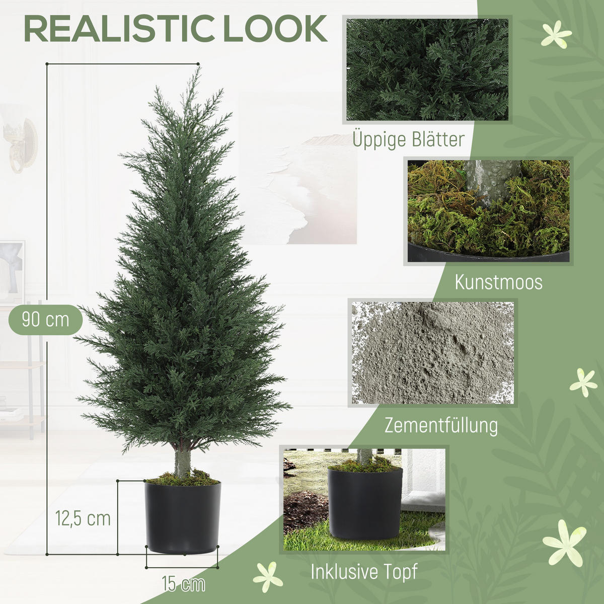 KÜNSTLICHE-ZYPRESSE UV-beständig 90cm 2er Set - Schwarz/Grün, Kunststoff (90cm) - HOMCOM