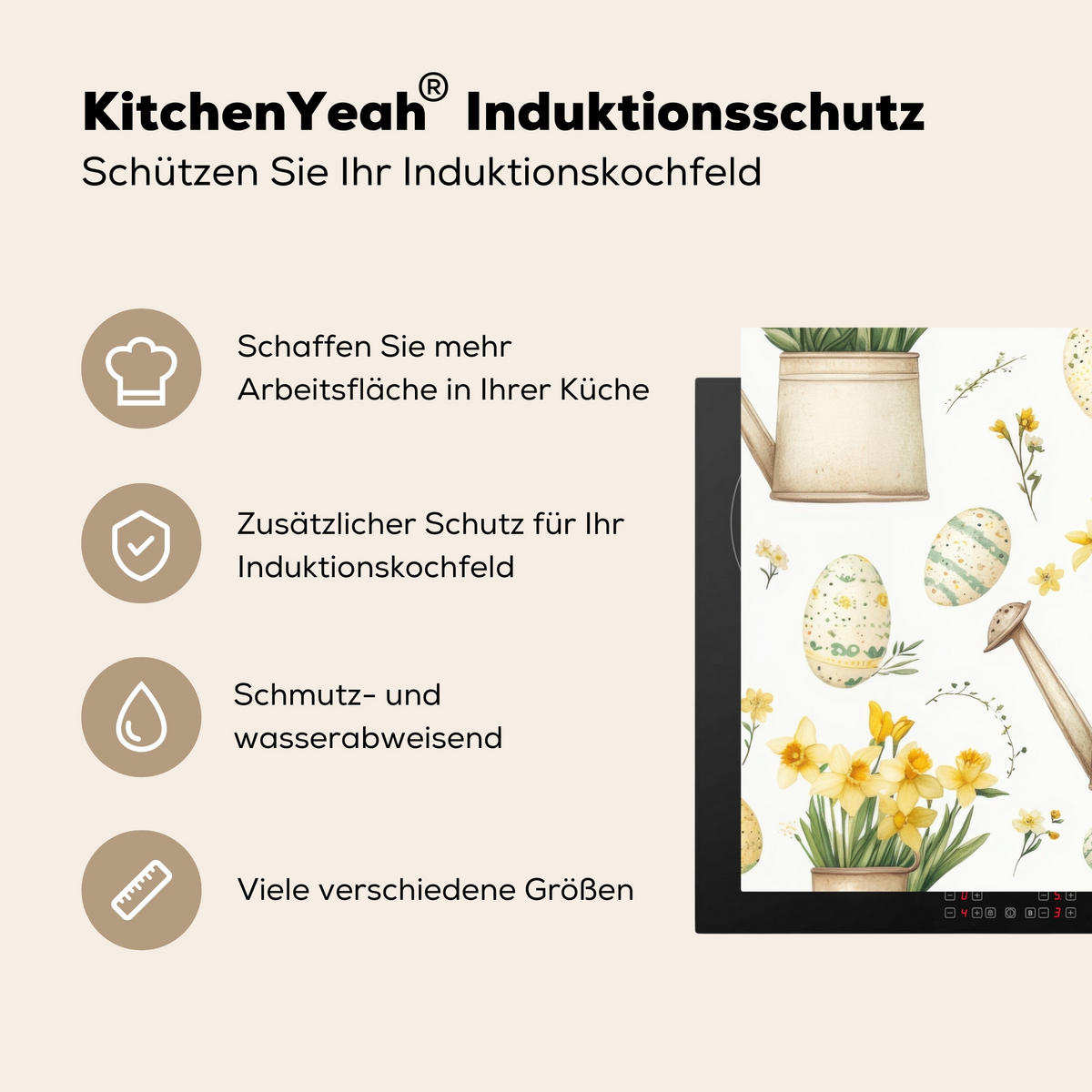 HERDABDECKPLATTE Gießkanne - Blumen - Eier Ceranfeldabdeckung 80x52 cm - Weiß, Kunststoff (80/52/0.2cm) - MuchoWow